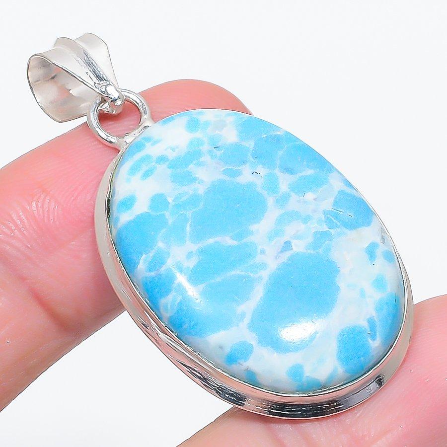 Natural Larimar Gemstone Handmade 925 Sterling Silver Jewelry Pendant 1.97" A0F61