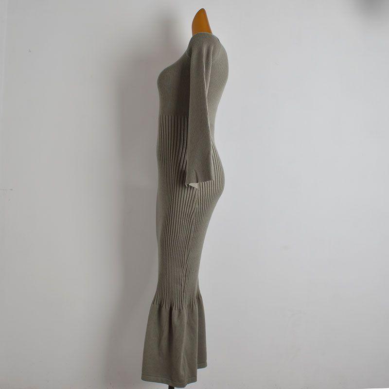 Export Single Sexy round-Neck Flared Sleeves Knitting Dress Women's Clothing Spring & Fall Winter Silm Thin Over the Knee Fishtail Dress