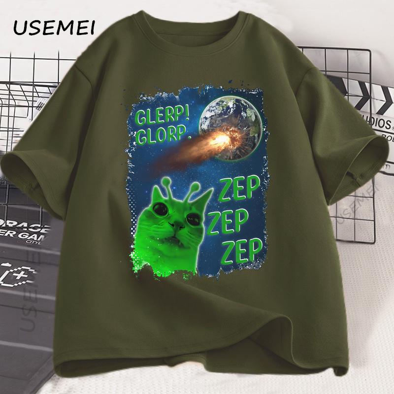 Funny Alien Cat T-Shirt Men Women Humor Brainrot T Shirt Silly Cats Joke T Shirts Cotton Short Sleeve Harajuku Tees Streetwear