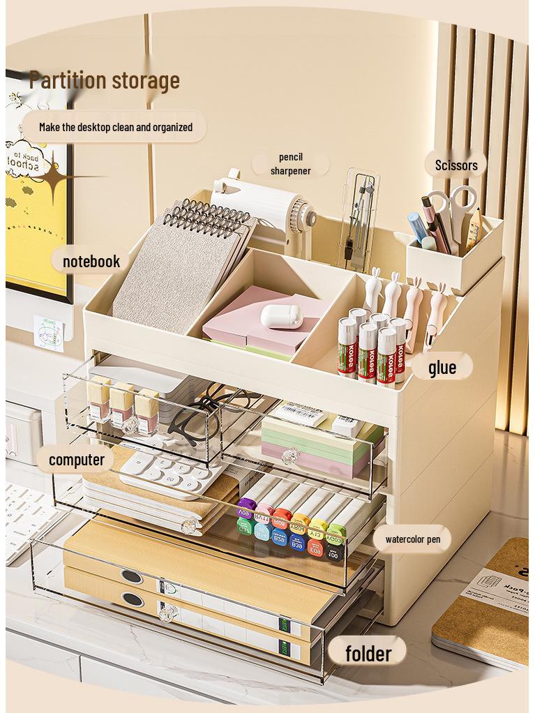 Desktop Storage Box with Drawer – Dustproof, Transparent Organizer for Dorm Desk and Office Stationery/Books/Documents