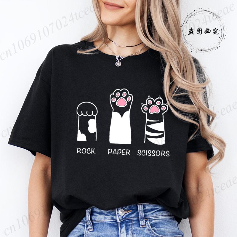 Rock Paper Scissors Tshirt Funny Cat Paw Print T-Shirt Summer Fashion Cat Lover Tshirt Women Men Short Sleeve Tee Shirt Clothing