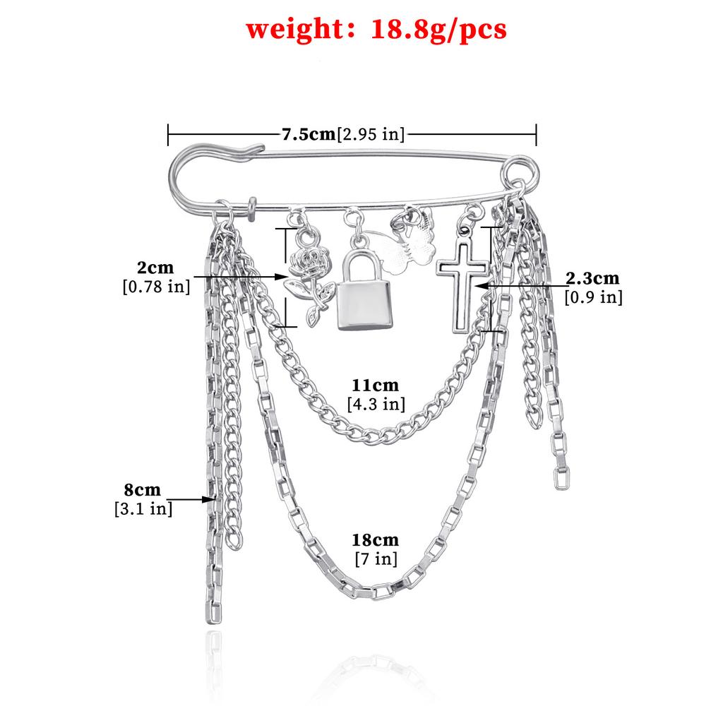 Multi-element Lock Cross Brooch, Retro Trendy Metal Chain Pin Accessories