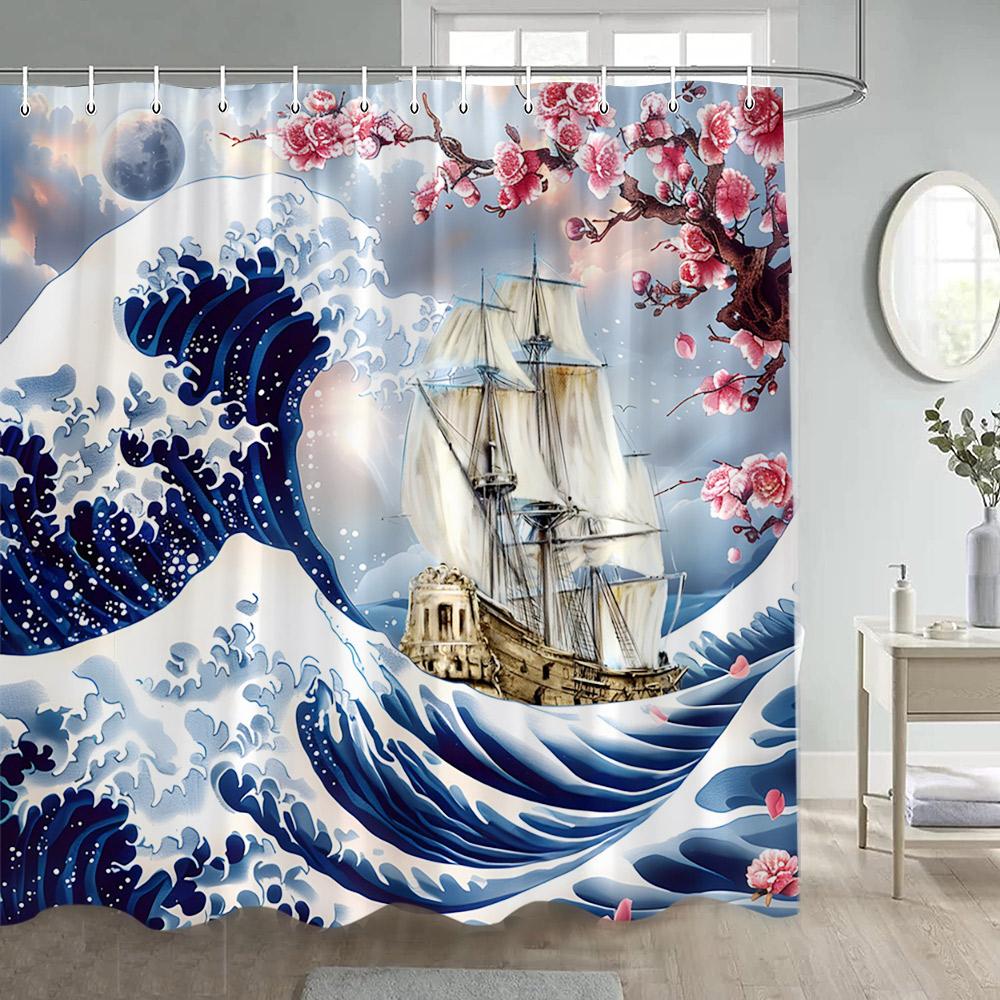 

Nautical Landscape Shower Curtain Pink Floral Sea Waves Sailboat Ocean Scenery Polyester Bathroom Decor Bath Curtains With Hooks W60H190(CM)-1 Pcs