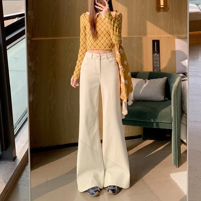 Rice apricot slightly pulled jeans women's early spring new high-waisted straight tube loose and thin, no legs, horn pants