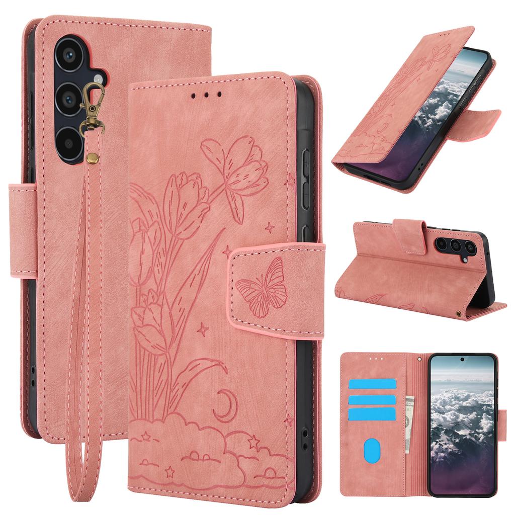 For Samsung Galaxy A57 5G Case Flower Butterfly Leather Wallet Phone Cover with Hand Strap