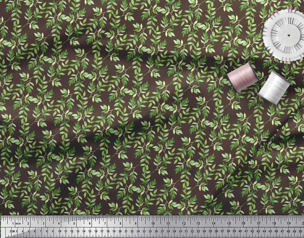 Soimoi Brown Japan Crepe Satin Fabric Ash Leaves Printed Fabric 1 metre 42 Inch