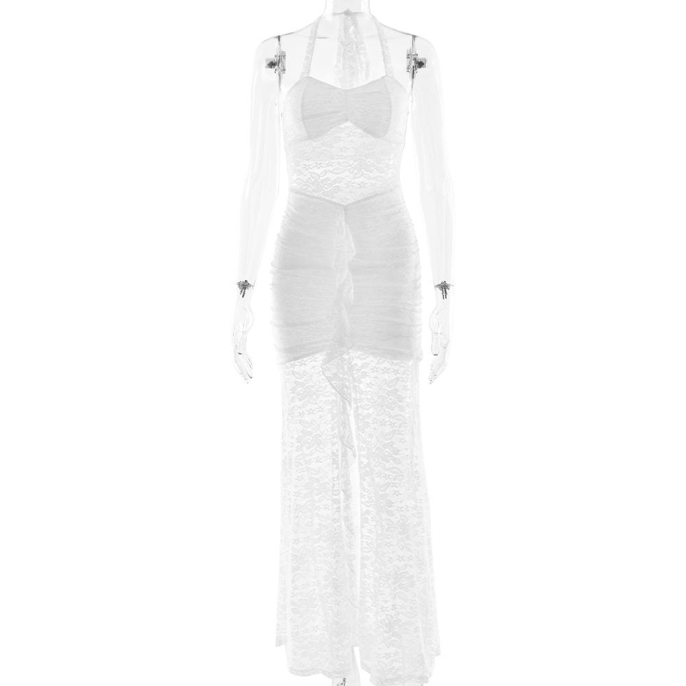 Damen Halter Ärmellos Maxikleid Figurbetont Hohe Taille Durchsichtige Spitze Raffung Hoher Schlitz Urlaubs-Party Langkleid