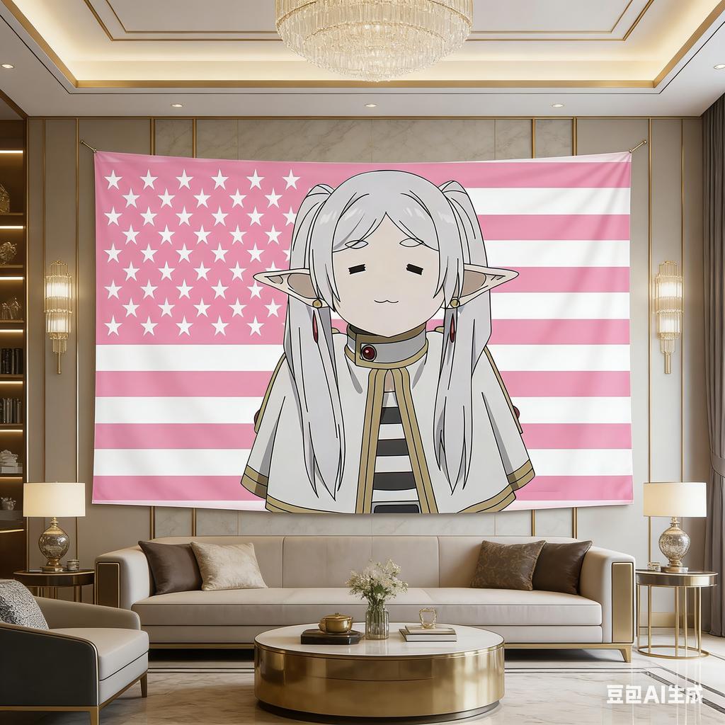 Anime Elf Pink Flag Tapestry Viral Pop Culture Print Polyester Wall Hanging for Bedroom Trendy Anime Character and Pink Americ