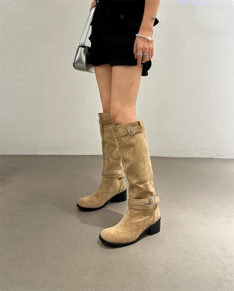 

Coarse-heeled knight boots children s 2025 autumn and winter new thick-soled tall tube small man thin pile but knee boots 39 хаки