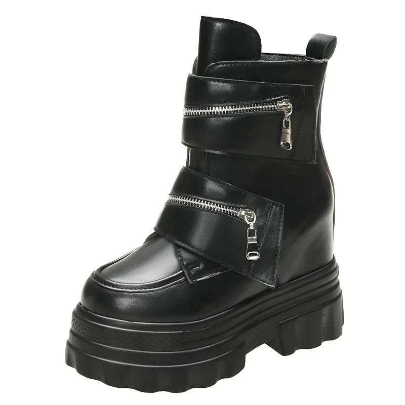 Fashion Women's Leather Ankle Boots Autumn Winter 11CM Heels Sneakers Round Toe Short Boots Woman Zip Motorcycle Platform Botas 2024