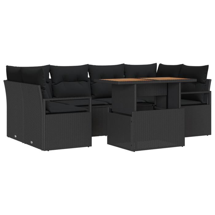 VidaXL Ensemble de Canapés de Jardin 7 Pièces avec Coussins Noir Rattan Poly Acacia 3349666