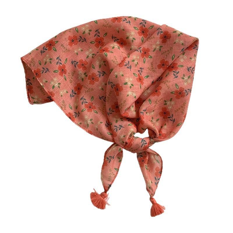 Premium cotton and linen silk scarf neck protection scarf small fresh square scarf floral headscarf hair band fringed hair accessories