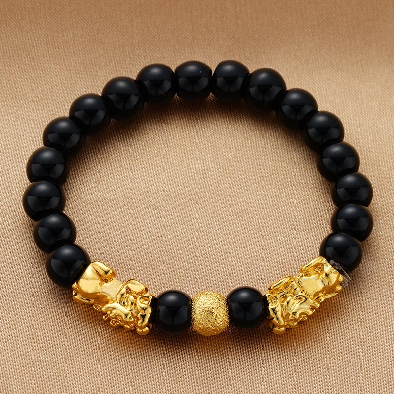Black and Red Agate Couple's Pixiu Bracelet Sand Gold Bracelet Gold-plated Hand Jewelry Beads for Men and Women