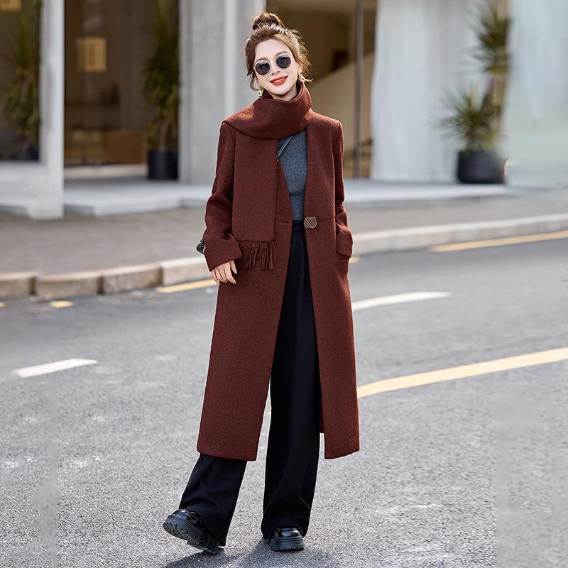 

Women s Slimming Woolen Coat with Scarf - Autumn/Winter One-Button Commuter Style M 45-55 kg