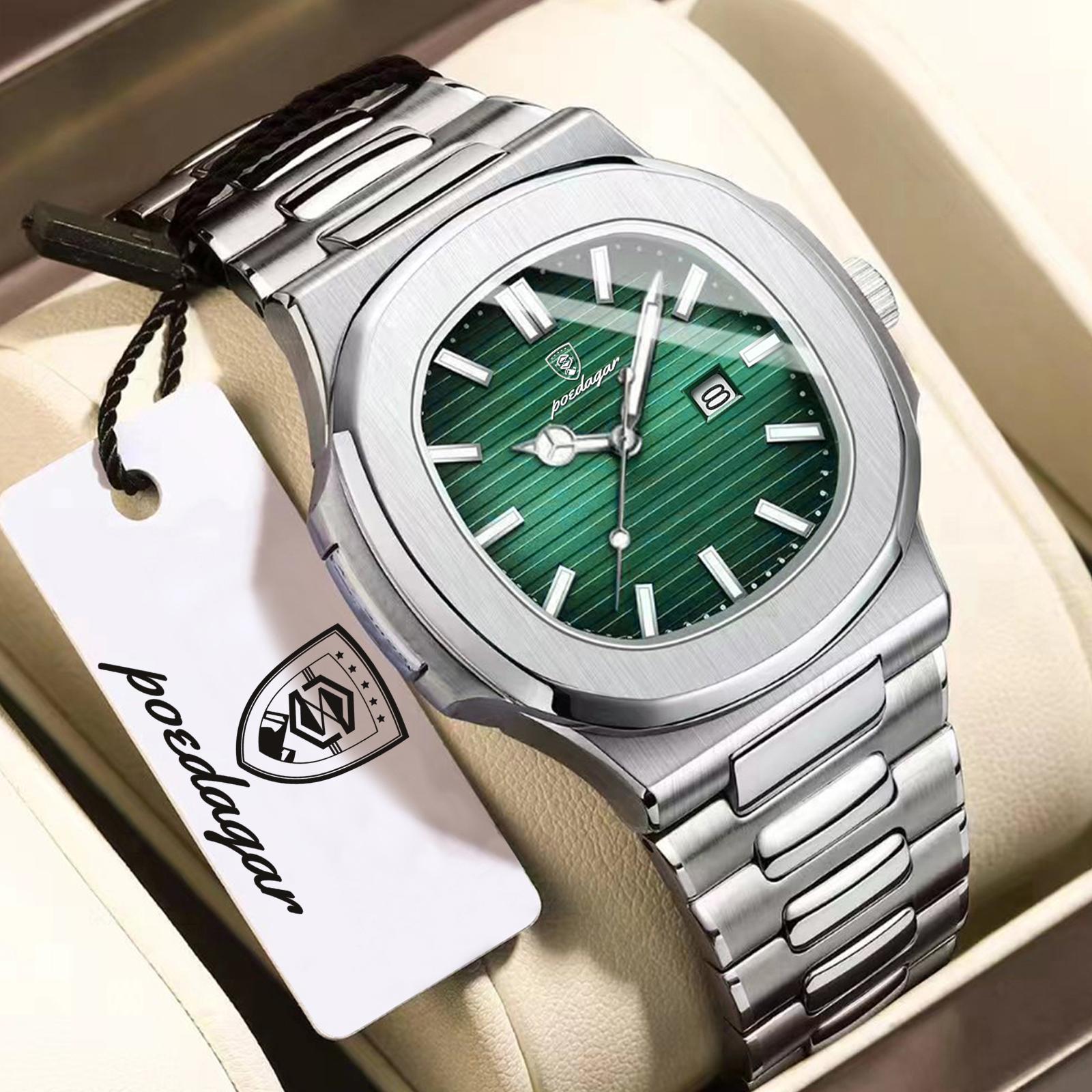 POEDAGAR Mode Partneruhr Wasserdicht Leuchtend Datum Edelstahl Quarz Liebe Armbanduhr Quadratische Uhren für Freund Geschenk gray