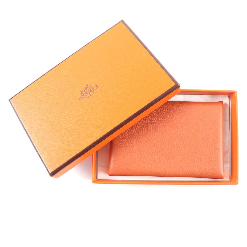 Excellent HERMES Card Case Calvi Orange Epsom Leather Women Used