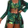 Fashionable Printed Drawstring Top Long Sleeve Mesh Cover Up And Bikinis 3 Piece Beach And Vacation Swimwear Set