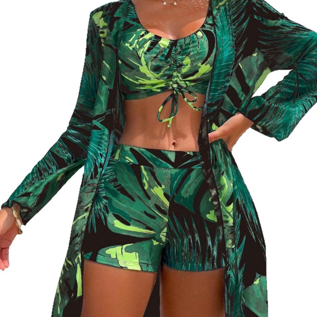 Fashionable Printed Drawstring Top Long Sleeve Mesh Cover Up And Bikinis 3 Piece Beach And Vacation Swimwear Set