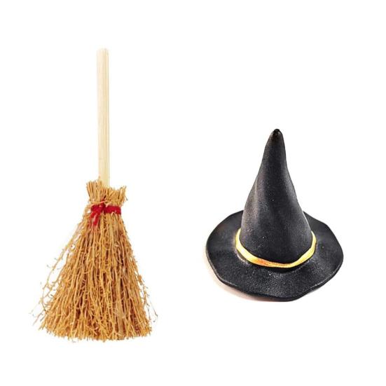24 Pcs/Set Mini Witch Hat with Mini Broom Miniature Straw Brooms Plastic Witch Hat Set for Halloween Party Decoration