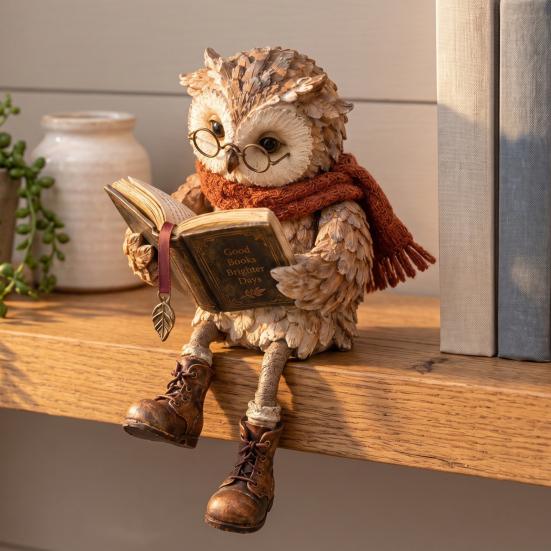 Уникальный подарок на новоселье для книголюбов Фигурка Совы-Читателя, Креативная Статуэтка в Очках, Шарфе, Сапогах И с Открытой Книгой, Подарки для Любителей Книг Рождество