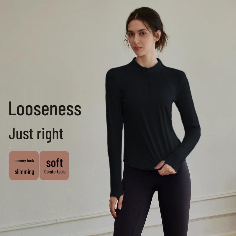 Women's Reflective Long Sleeve Yoga T-shirt - Night Run Fitness Top with Half-Zip Style for Autumn Running and Training