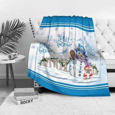 Let It Snow Fleece Deken met Sneeuwman en Hond, Blauw Witte Wintertafereel voor een Gezellige Huisdecoratie, IJzig Patroon Zacht Pluche