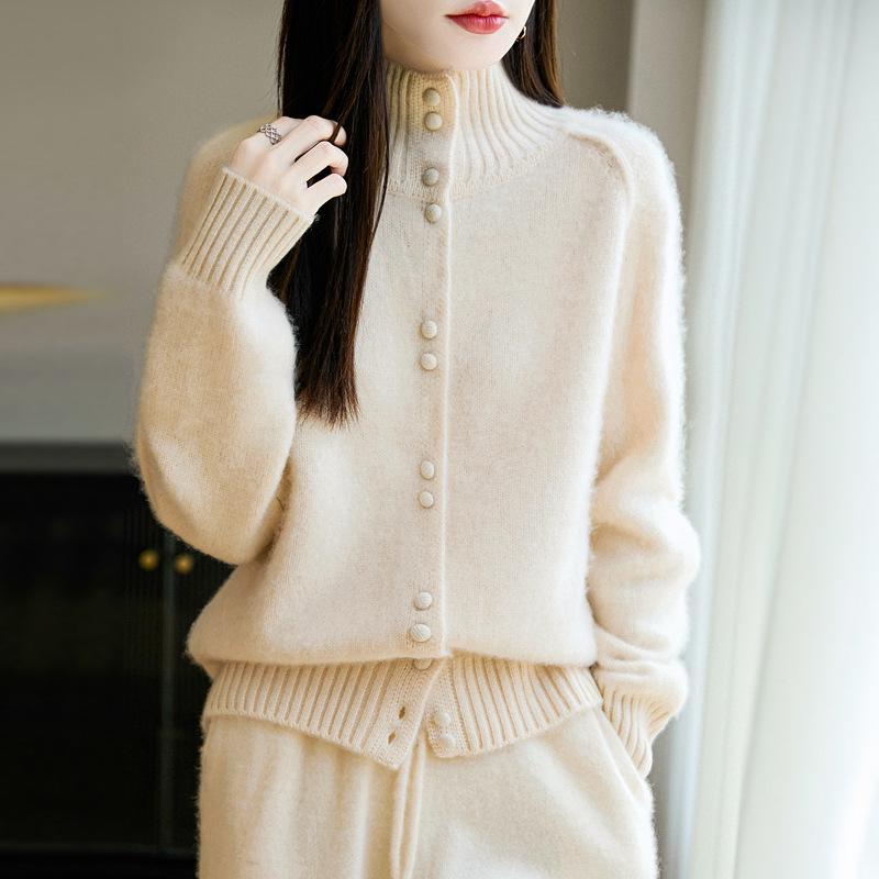 Women's Solid Color Wool Cardigan - High Neck, Long Sleeve, Loose Fit Sweater