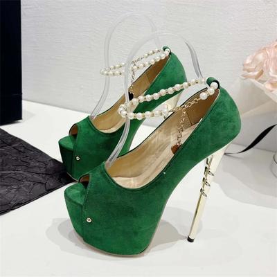 Fashion Sexy Peep Toe Thin High Heel Mules Shoes for Women String Bead Buckle Strap Women Pumps Nightclub Extreme Stiletto High Heels