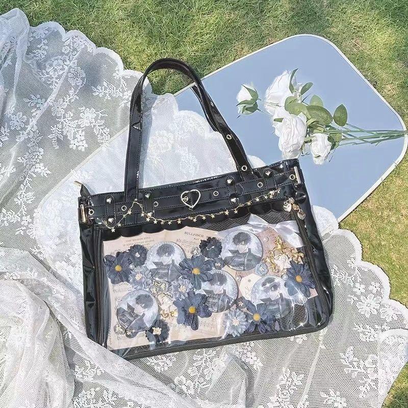 JIAERDI Japanese Harajuku Studded Handbag Women Transparent Anime Ita Bag Ladies Square Large Capacity Leather Shoulder Bag 2025