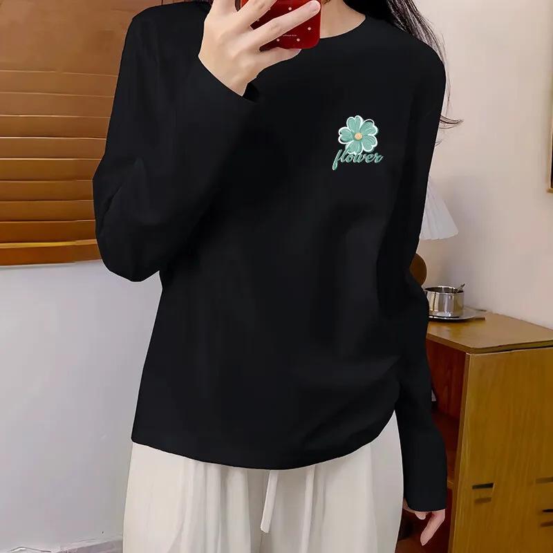 Damska koszula z 100% bawełny, z długim rękawem, w koreańskim stylu, luźny krój, z okrągłym dekoltem - Wiosna/Jesień 2025