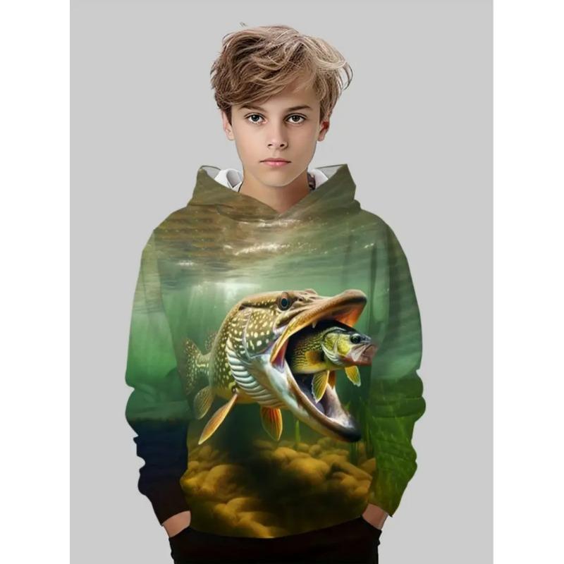 Drengetøj Fiskeprint Børnehættetrøjer Løs Afslappet Børne sweatshirt Mode Toppe Udendørs Komfortabelt Børnetøj