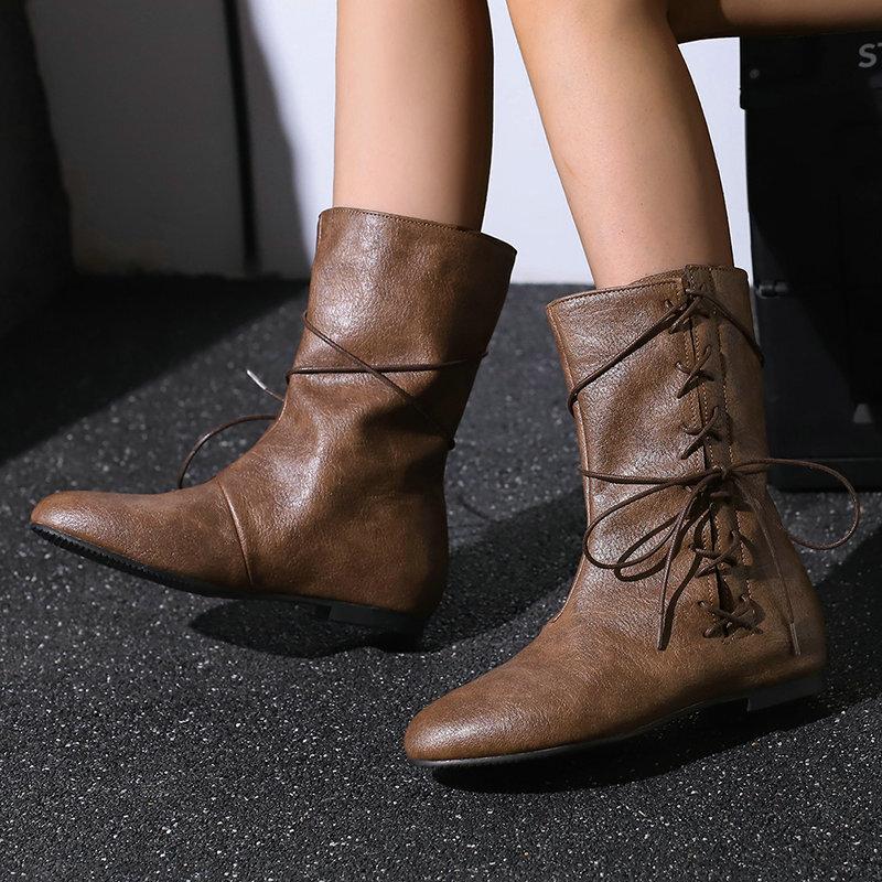 Vintage British Women's Short Boots Flat-bottomed Lace-up Women's Medium Boots Autumn and Winter Chelsea Short Boots Fashion Martin Boots