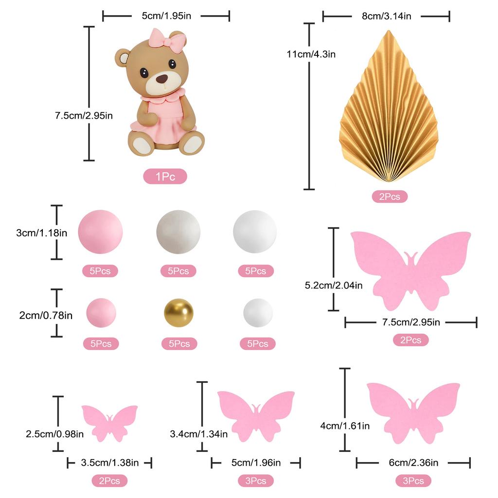 43pcs Bear Cake Topper Boho Mini Bear Cake Decorations for Baby Shower Birthday Party Gender Reveal Bear Themed Party Supplies