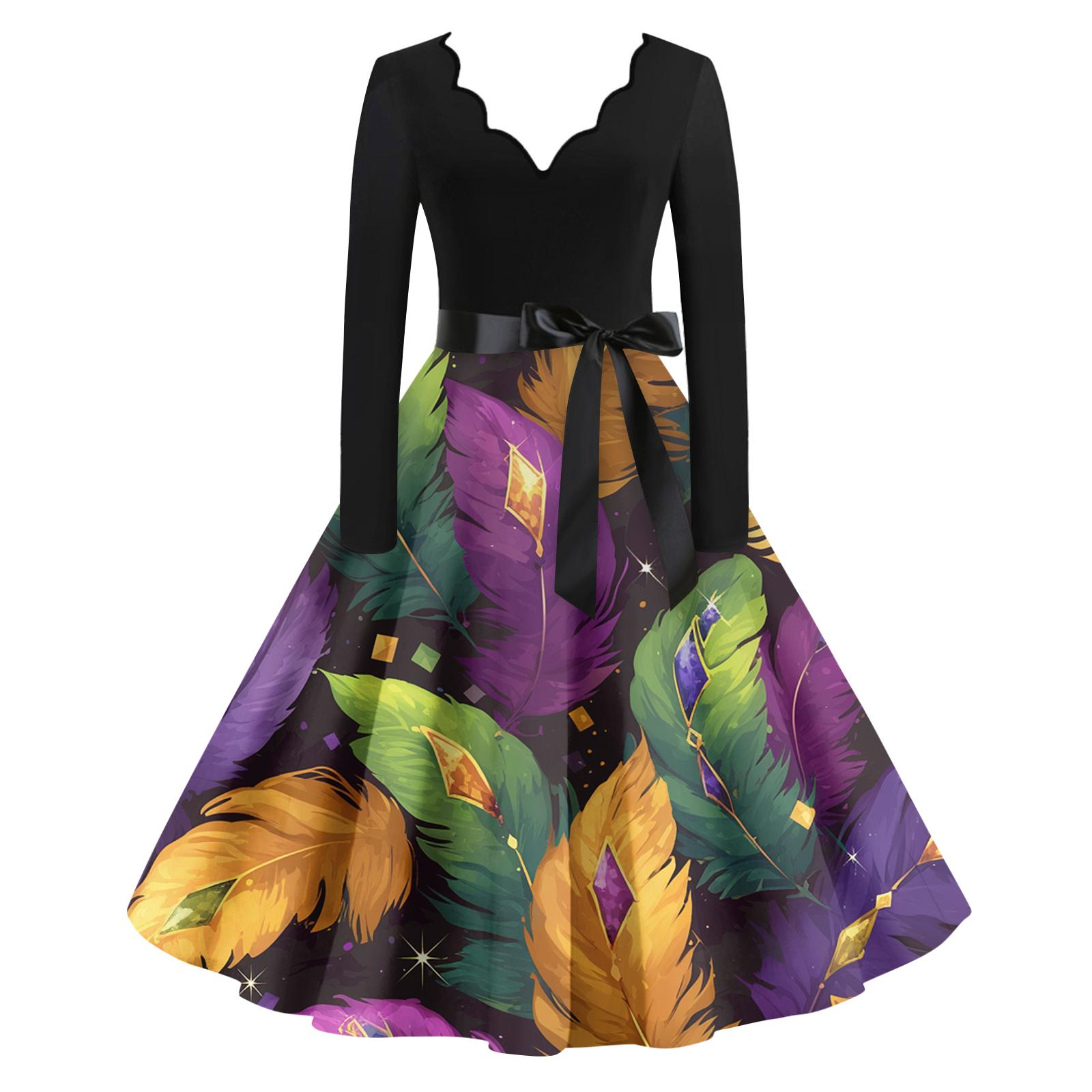 

Женское повседневное модное платье с V-образным вырезом и длинным рукавом с принтом в винтажном стиле M