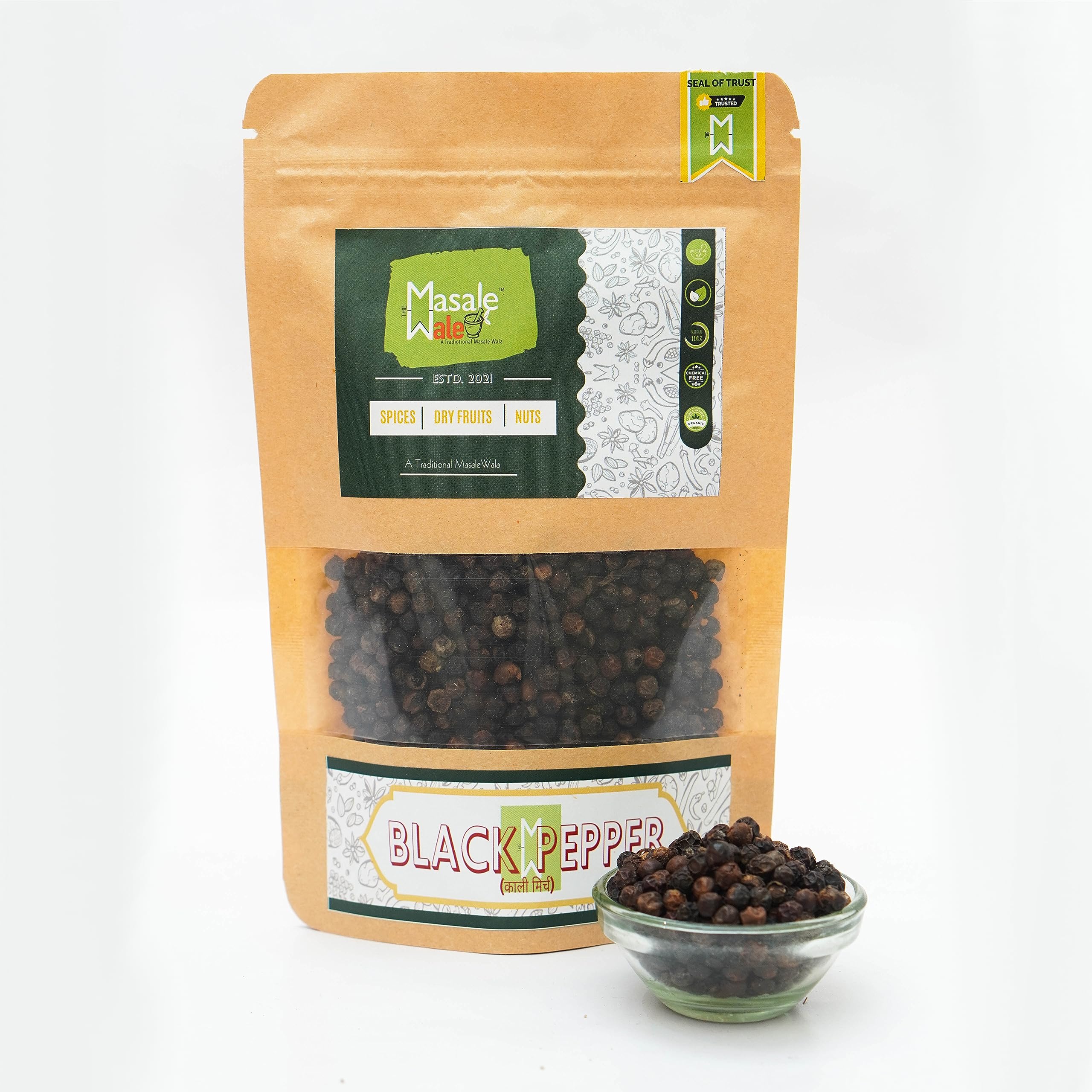 

The Masalewale s Black pepper Whole | Bold size | 100% Natural | Kali Mirch | Grade A | No colour or Polish | Solid grain (50)