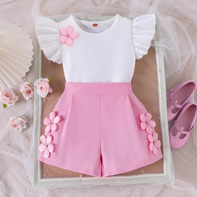 Nouveau Ensemble Deux Pièces d'Été pour Filles : Haut Décontracté à Manches Volantes avec Short Rose