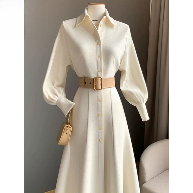 Waist Up Shirt Autumn French Style Slimming Dress Long Skirt Polo Collar Design