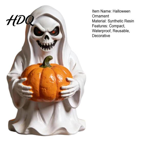Decorative Ghost Figurine for Halloween White Pumpkin Resin Statue, Spooky Holding Mini Ornament Garden Yard Tabletop Mantel Home Decor with