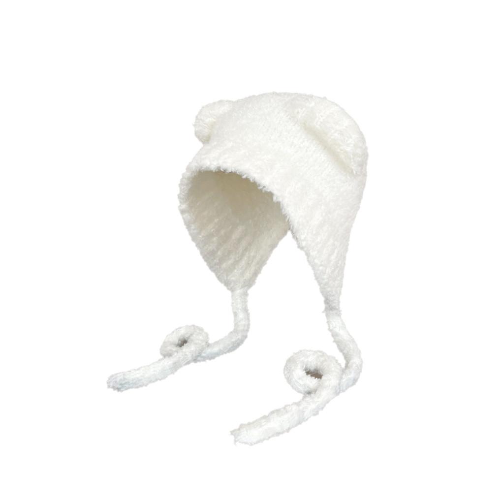 Cute Bear Ear Knit Hat For Women Winter Warm Plush Earmuffs Tie Headband Cap