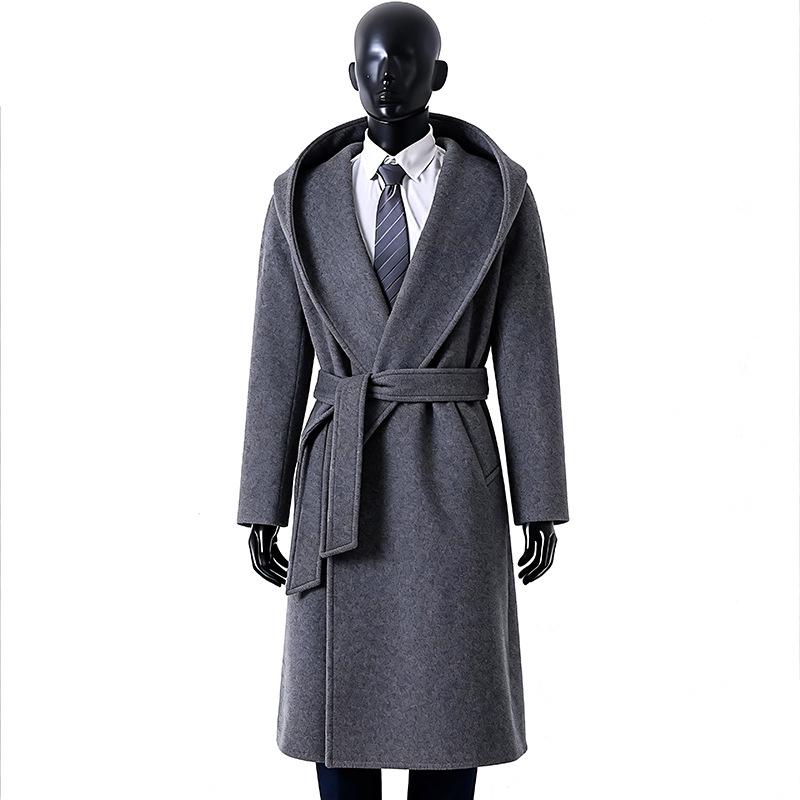 Winter Wool Cashmere Hooded Bathrobe: Long, Cozy, Belted Outerwear Coat Without Buttons