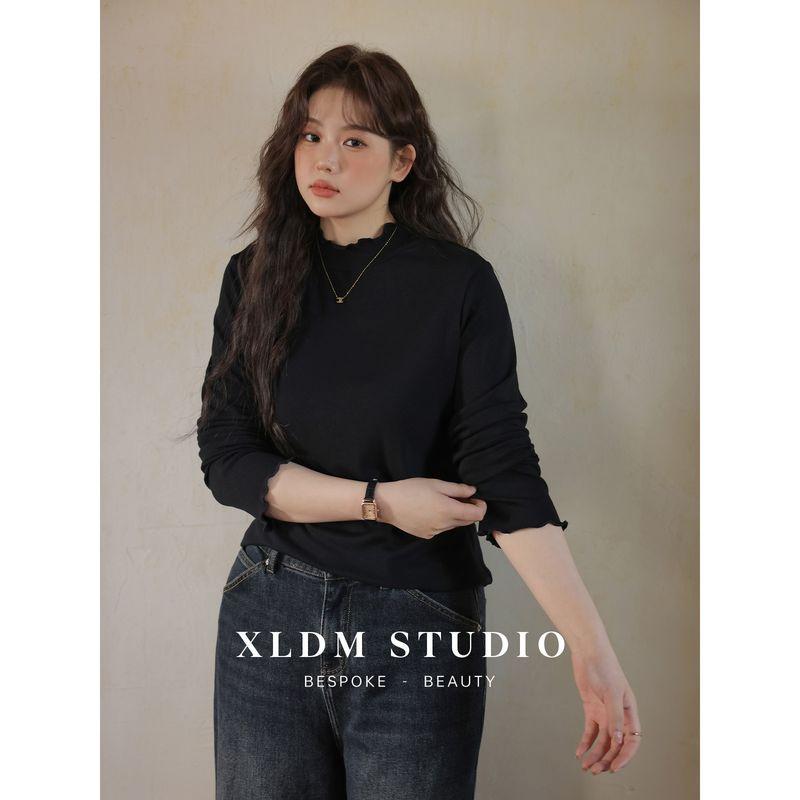 

Modal Nude Feel Stretch Stand Collar Ruffled Bottoming Shirt