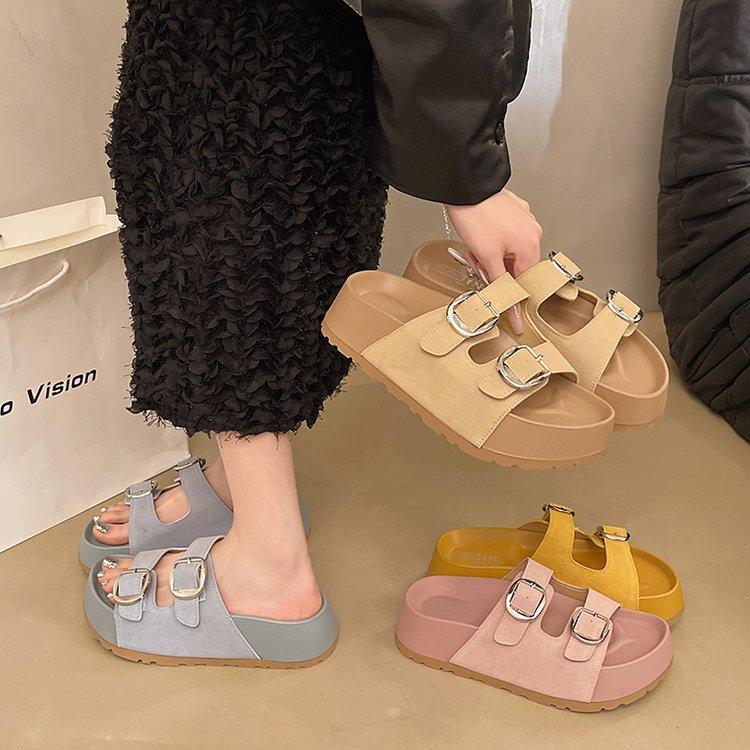 European matte leather one-word belt buckle platform muffin open-toed sandals, beach slippers, Boken women's shoes