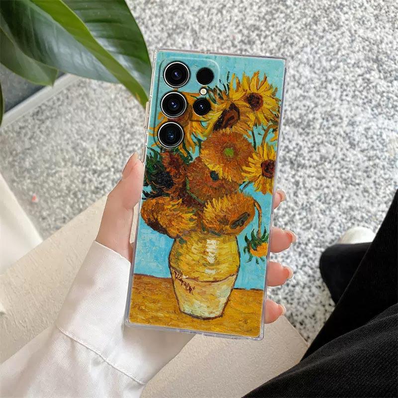Van Gogh Almond Blossoms Sunflower Starry Phone Case For Samsung Galaxy S25 S24 S23 S21 Ultra S20 FE S22 Plus A55 5G Clear Cover