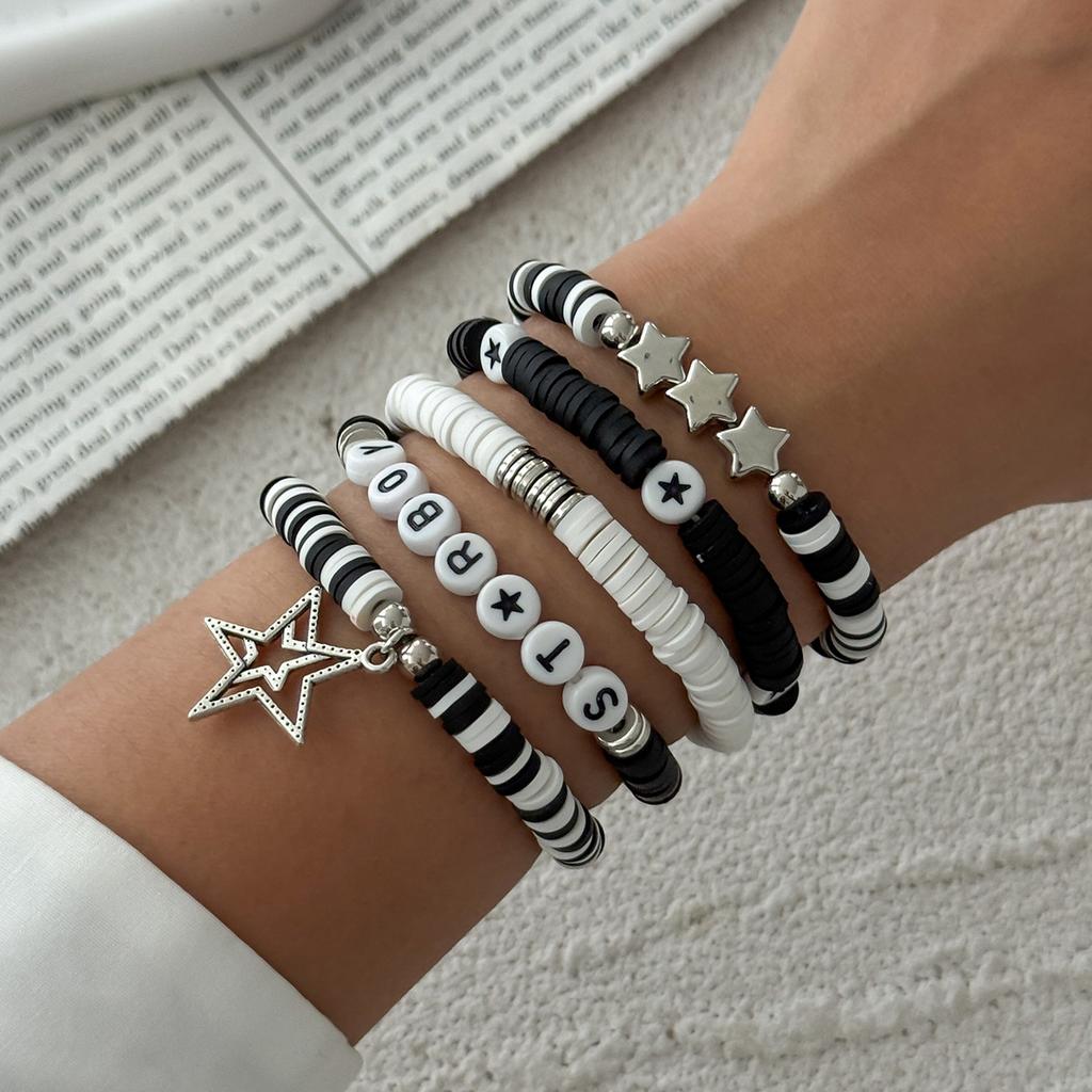 Creative Color-Block Alphabet Clay Stretch Bracelet-Stackable CCB Star Pendant Hand Jewelry Cute Daily Accessory for Fashion Lovers