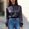 Women's Fashionable Color Round Neck Long Sleeved Tied Casual Shirt Top