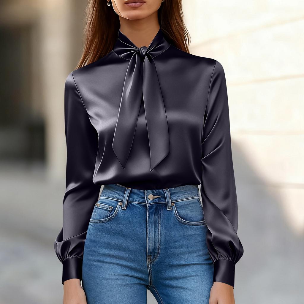 Women's Fashionable Color Round Neck Long Sleeved Tied Casual Shirt Top