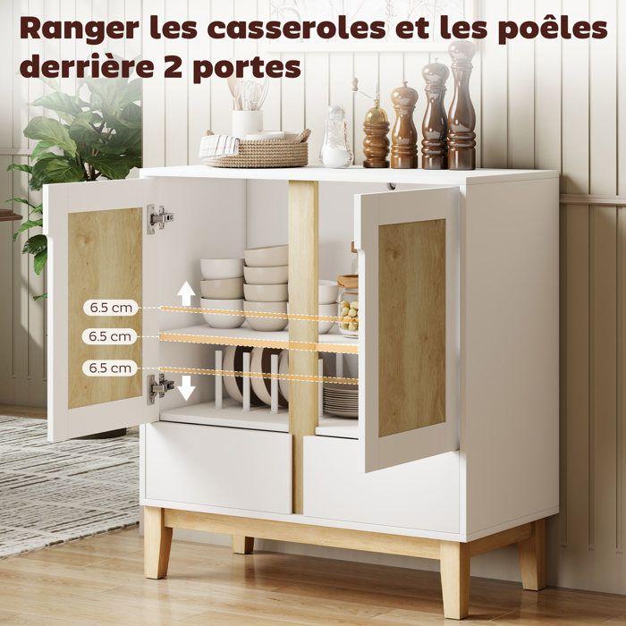 Buffet - HOMCOM - 2 portes, 2 tiroirs et étagère réglable, pieds en bois de caoutchouc - style nordique - 80 x 40 x 86 cm - blanc