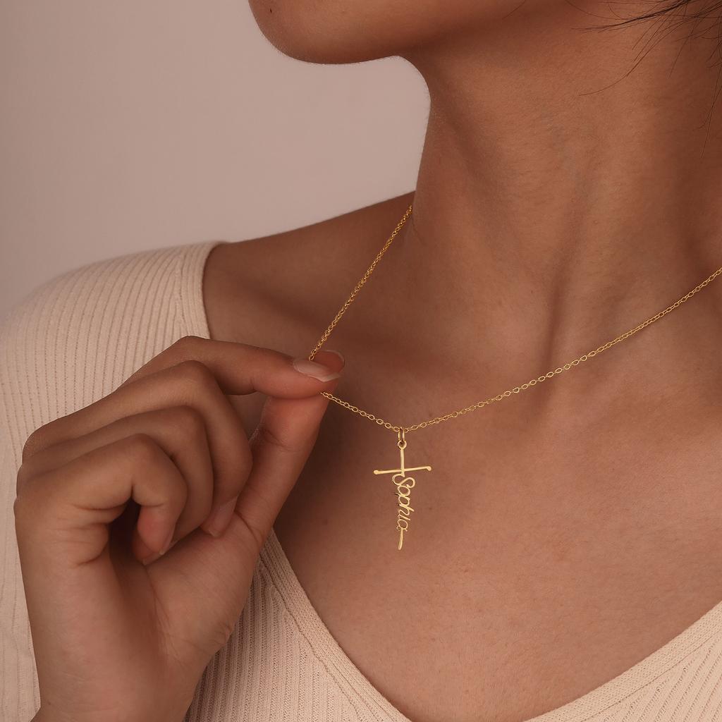Custom Name Necklace Stainless Steel Personalized Full-gloss Flat Cross English Pendant Necklaces For Women Jewelry Gift