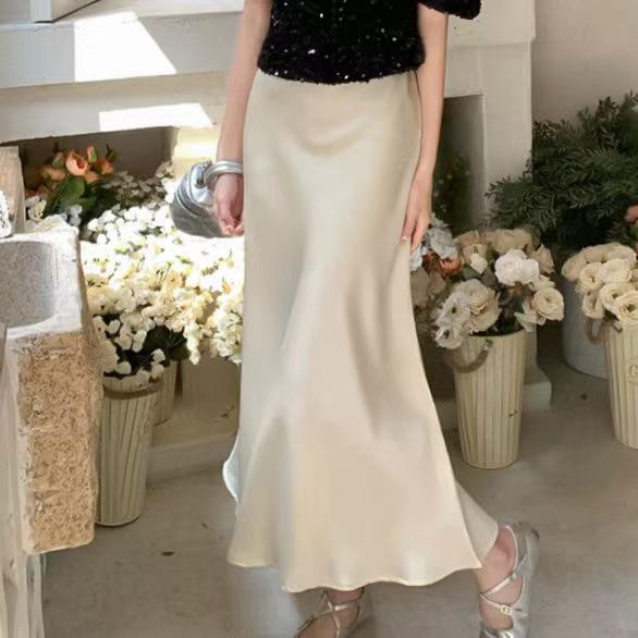 2024 French Retro Satin High Waist Fishtail Midi Skirt