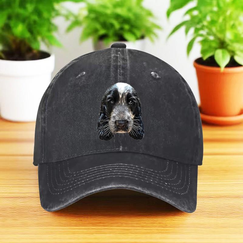 Cute Dog Print Washed Denim Baseball Cap Adjustable Curved Brim Outdoor Breathable Hat